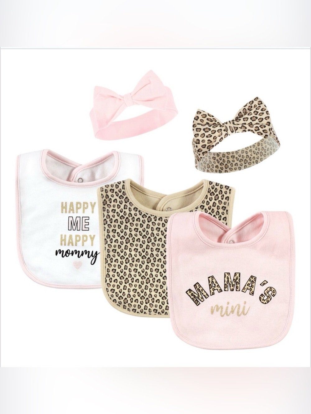 Hudson Baby Leopard Mama's Mini Pink & Leopard Baby Bib Set with Headbands